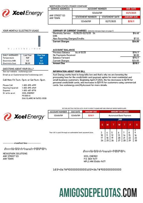 imprimível Modelo Word e PDF de fatura de serviços públicos de energia Xcel dos EUA